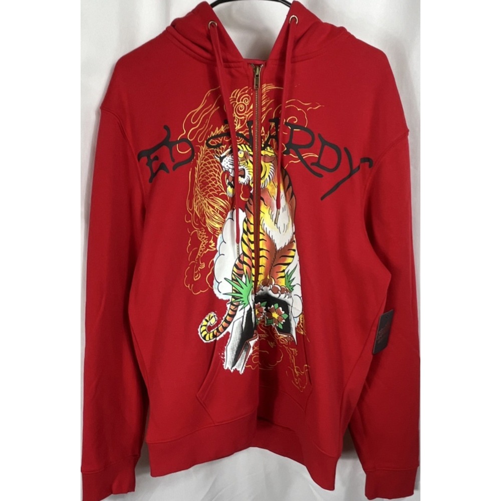 Ed Hardy Men's Red Tiger Graphic Print Full Zip Hoodie w/ Pockets Size L